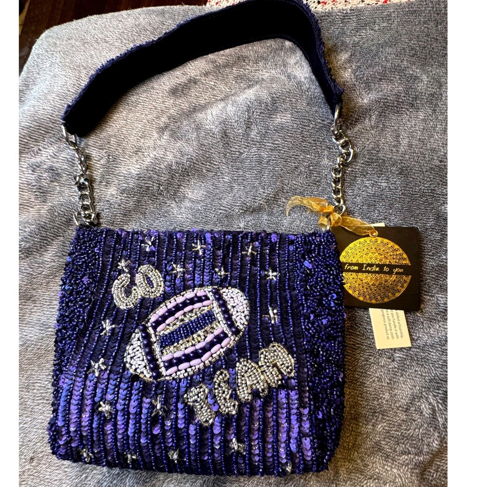Go Team Football Beaded Sequin Purse Purple Game Day Shoulder Bag New